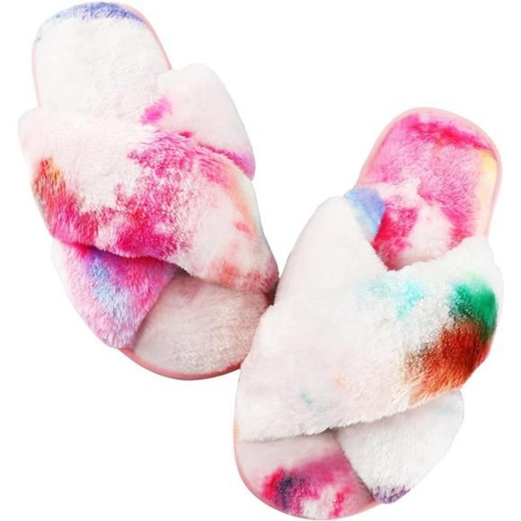 Cross Band Cozy Plush Home Slippers Fluffy Furry Open Toe Slide Slipper - Picture 2 of 6